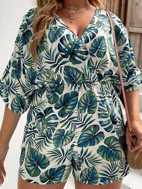 SHEIN White & Teal Tropical Print Romper